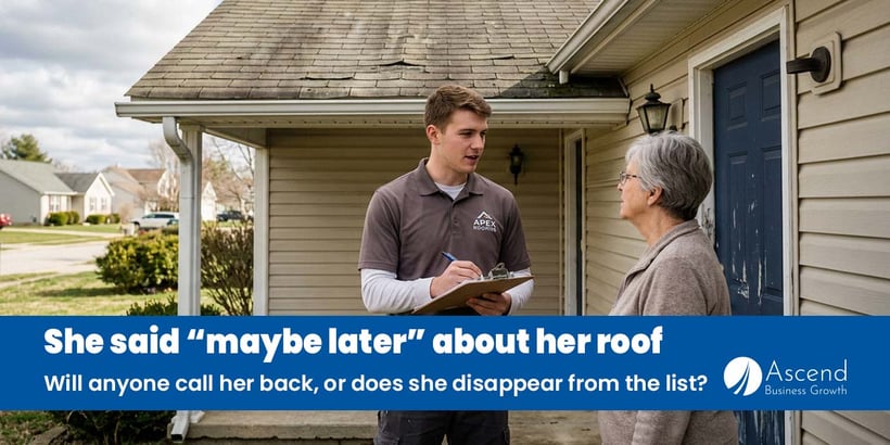 A roofing canvasser talking with a homeowner on a front porch while making notes on a clipboard