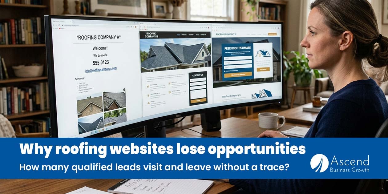 A homeowner comparing three roofing company websites on a phone while deciding who to contact