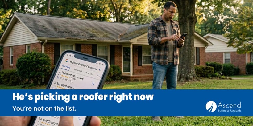 A phone showing local search results for roofing companies with a map of a suburban service area