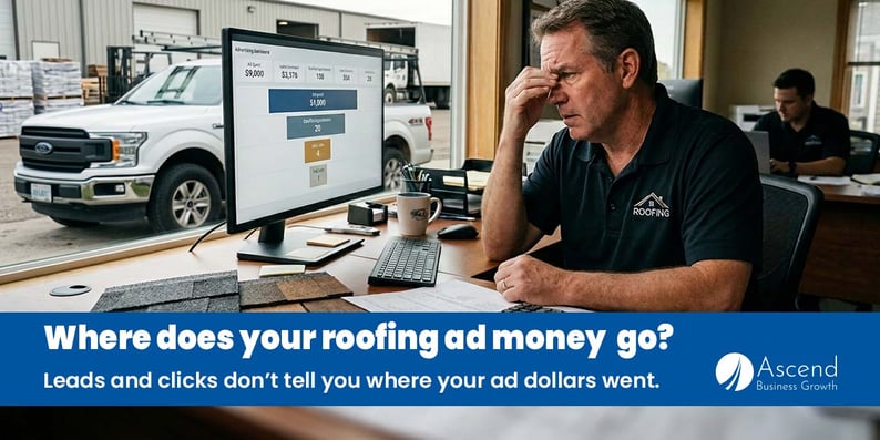 A roofing company owner reviewing an advertising invoice at a desk with a phone beside him