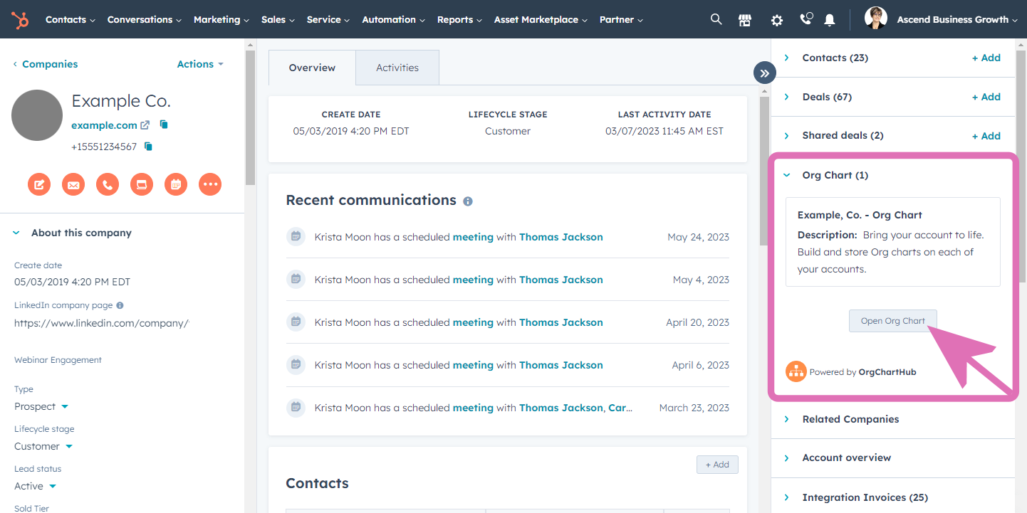 Image of a company record in HubSpot highlighting Org Chart card on the right sidebar.